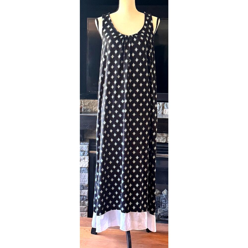 Anne Klein Vintage Maxi Dress Black with White Flowers Sleeveless Size M